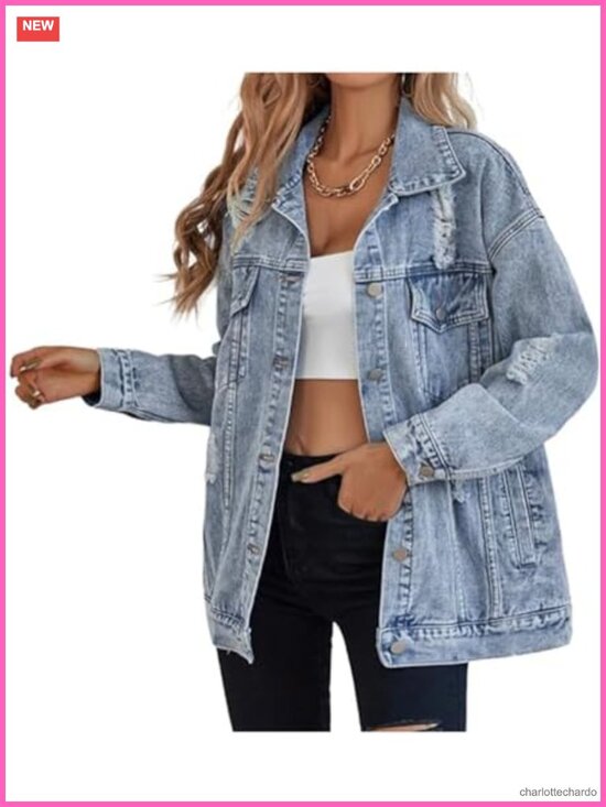 Jackets & Blazers - Oversized Boyfriend Denim Jacket Distressed Ripped Long Sleeve Women's Jean Coat